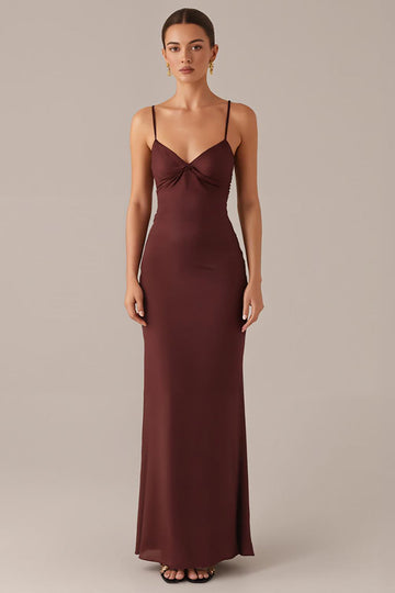 Robe formelle fourreau à bretelles spaghetti prune
